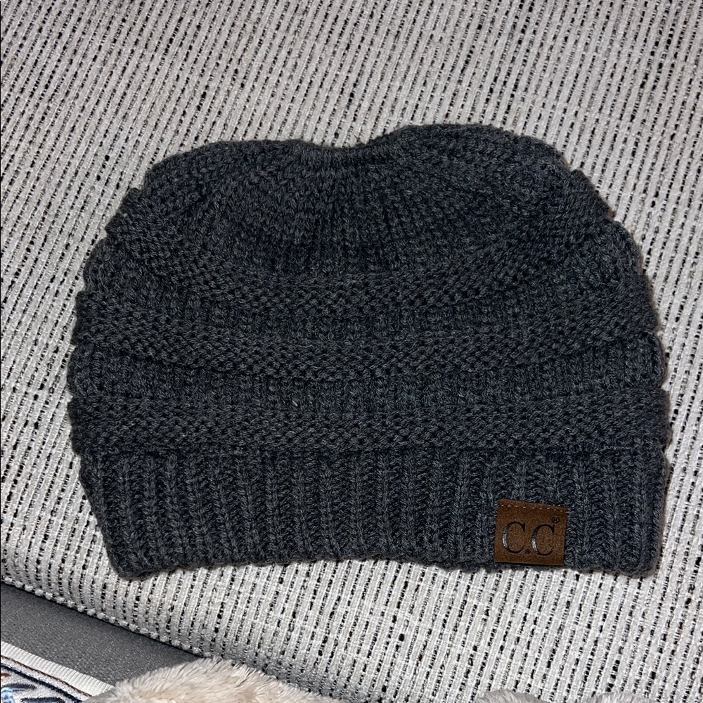 CC grey Knit Beanie for PONYTAIL/Messy bun